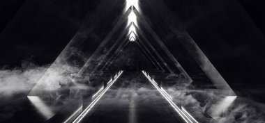 Duman Sci Fi Üçgen Uzay Gemisi Neon Parlayan Lazer Işın Sanal 