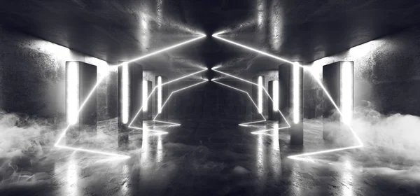 Καπνός σκηνής κλαμπ φώτα νέον φουτουριστικό sci Fi τρίγωνο λευκό Co — Φωτογραφία Αρχείου