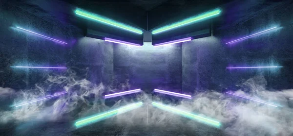 Smoke Sci Fi Luces de neón en forma de flecha futurista que brillan vibrantes —  Fotos de Stock