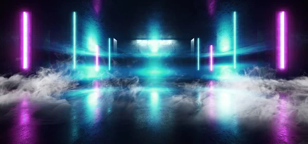 Smoke Stage Club Neon Lights Futuristic Sci Fi Purple Blue Colum