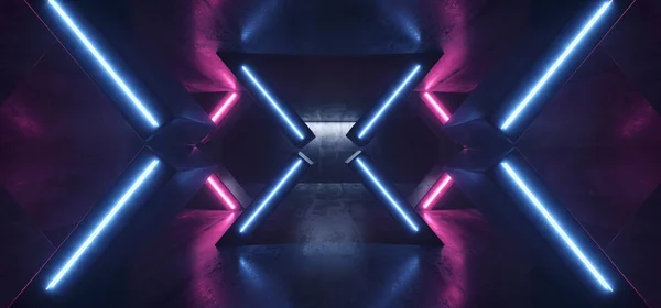 Sci Fi neon lichten gloeiende paars blauwe kolommen X gevormd in het donker — Stockfoto