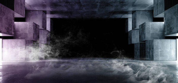 Smoke Blue Purple Futuristic Concrete Grunge Reflective Dark Empty Tunnel Corridor Spaceship Alien Underground White Glow Window Lights Hall Garage 3D Rendering Illustration