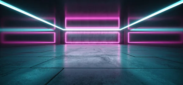 Sci Fi Neon światła Concrete grunge korytarz Hall Galeria Studio — Zdjęcie stockowe