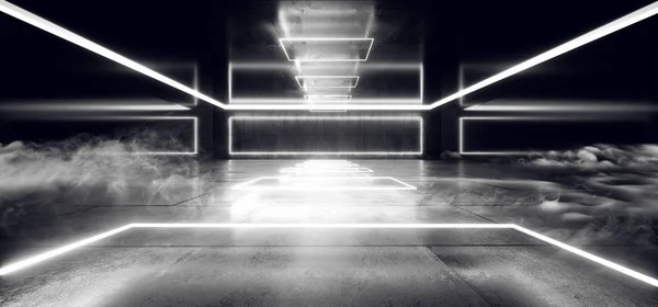 Füst neonfények virtuális izzó fehér sötét garázs szoba alagút — Stock Fotó