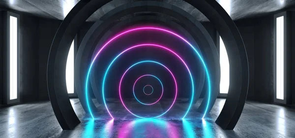 Future Sci Fi Circle Concrete Grunge Neon Lights Glowing Purple — Stock Photo, Image