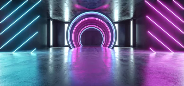 Futuro Sci Fi círculo de concreto Grunge luzes de néon brilhante roxo — Fotografia de Stock