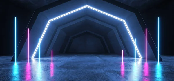 Neonlichter künftiger Sci-Fi-Tunnelkorridor leuchtet lila blau vi — Stockfoto