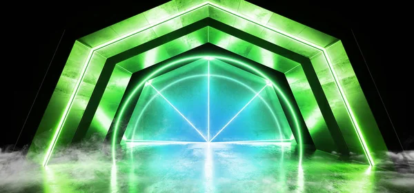 Dym futurystyczny Sci Fi Arch zielony niebieski laser neon Lights Glowin — Zdjęcie stockowe