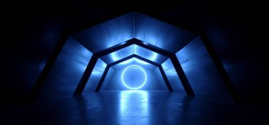Fütüristik Sci Fi Arch Mavi Lazer Neon Işıklar Parlayan Koyu Grung