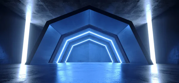 Sci Fi Futuristic Arch Blue Glowing Dark Grunge Reflective Concr