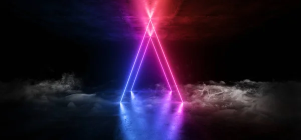 Fumo Futurista Triângulo Neon Luzes Laser Roxo Azul Brilhante — Fotografia de Stock