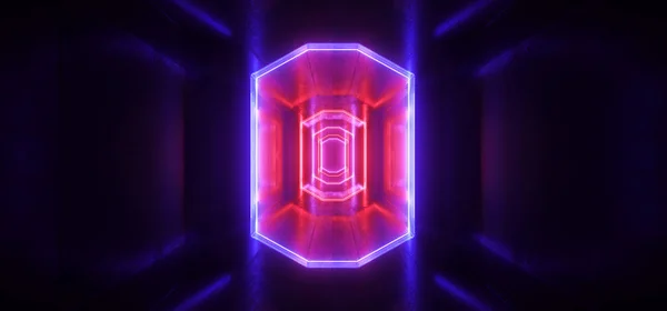 Sci Fi Futurista neon roxo azul luzes brilhantes Lasers túnel — Fotografia de Stock