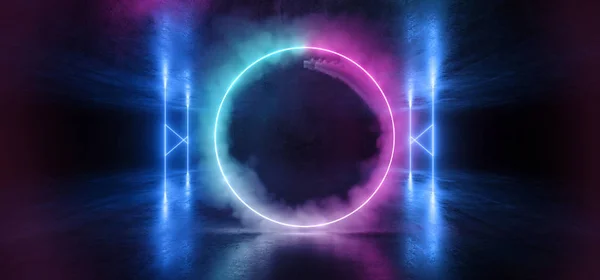 科幻霓虹灯圈烟雾发光光充满活力的紫色蓝色舞台 — 图库照片