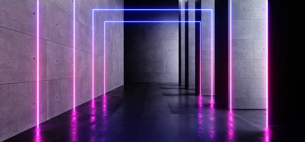 Futuristic Gallery Underground Room Glowing Neon Laser Beams Pur