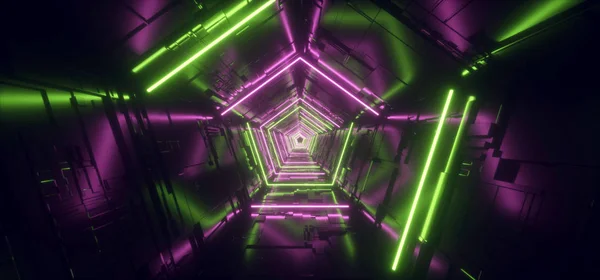 Luz de neón púrpura verde hiper pentagonal triángulo detallado Sci F — Foto de Stock