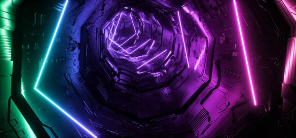 Neon licht paars blauwe Hyper vijfhoekige driehoek gedetailleerde Sci Fi — Stockfoto