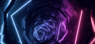 Neon Açık Mor Mavi Hiper Beşgen Üçgen Detaylı Sci Fi
