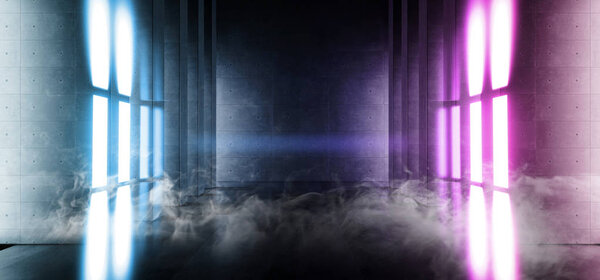Smoke Futuristic Sci Fi Laser Neon Shapes Glowing Light Vibrant Purple Blue Stage NIght Club Background Grunge Concrete Dark Tunnel Hall Corridor Garage Fashion Party Reflective 3D Rendering Illustration