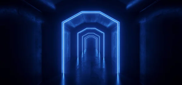 Sci Fi Futurista Neon Luzes Azuis Brilhantes Lasers Tunnel Room Un — Fotografia de Stock