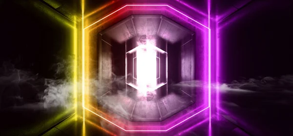 Duman Sci Fi Fütüristik Neon Mor Sarı Işıklar Parlayan Lazerler — Stok fotoğraf