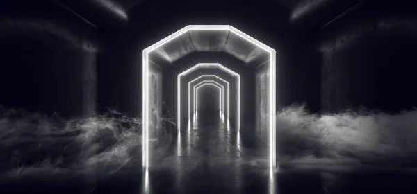 Sci Fi Fütüristik Neon Beyaz Işıklar Parlayan Lazerler Tünel Odası U — Stok fotoğraf