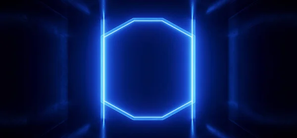 Sci Fi Futuristic Neon Blue Lights Glowing Lasers Tunnel Room Un — Stock Photo, Image