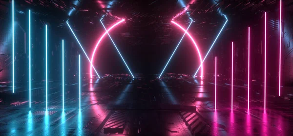 Neon zářící futuristický fialový modrý laserový paprsek obrazce noční RETR — Stock fotografie