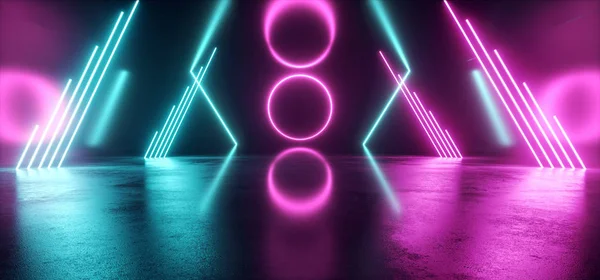 Futurisztikus sci fi neon ragyogó fények lila kék színpadon Night CL — Stock Fotó