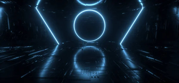 Sci Fi modern futuristik Neon ışıklar mavi Glow Beton sütunlar — Stok fotoğraf