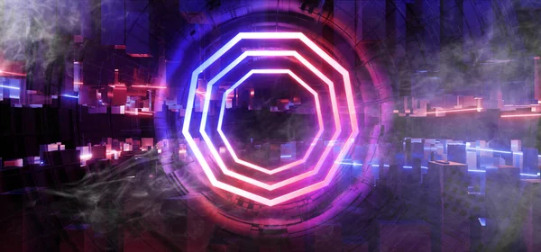 Rook stage Neon gloeiende buitenaardse ruimteschip futuristische Sci Fi Const — Stockfoto
