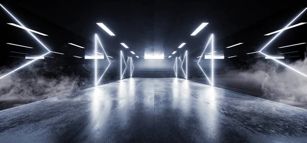 Καπνός Sci Fi φουτουριστική νέον φώτα βέλους σχήμα αίθουσα σκούρο κενό — Φωτογραφία Αρχείου