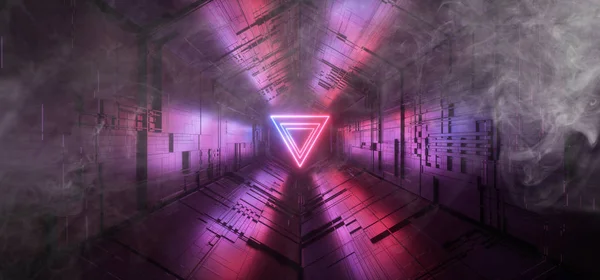 Fumo de néon brilhante laser azul vermelho roxo triângulo ficção futuris — Fotografia de Stock