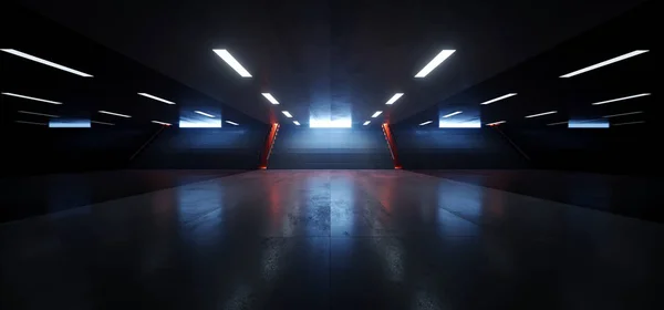 Koyu Boş Yeraltı Tüneli Koridor Merdiven İşaretler Beyaz Işıklar