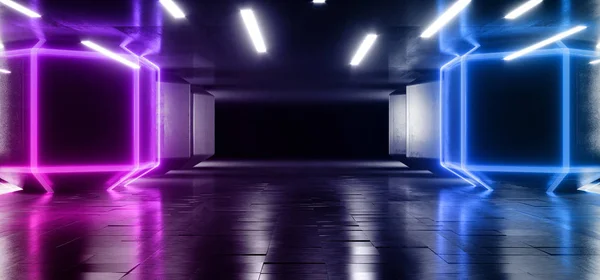 Futuristic Sci Fi Neon Glowing Blue Concrete Grunge Columns Hall