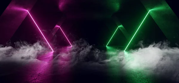 Füst neon lézer izzó zöld lila háromszög folyosó sci fi F — Stock Fotó