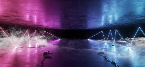 Rauch Neon Laser glühend lila blau Bogen Linien Kabel Boden Sci — Stockfoto