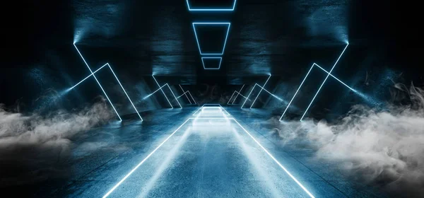 Duman Neon Lazer Parlayan Mavi Üçgen Koridor Sci Fi Fütüristi — Stok fotoğraf