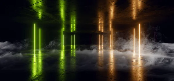 Lasers de nylon verde alaranjado brilhante do laser do néon do fumo Corredor Sci F — Fotografia de Stock