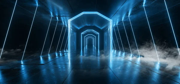 Καπνός Sci Fi νέον λαμπερά φώτα μπλε γραμμές λέιζερ καλώδια βύσματα F — Φωτογραφία Αρχείου