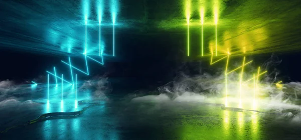 Smoke Sci Fi Neon Luzes brilhantes Green Blue Background Laser Gat — Fotografia de Stock