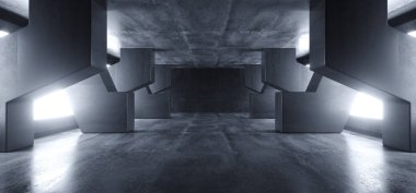 Beton Grunge Büyük Salon Tüneli Uzaylı Koridoru Boş Geleceği 