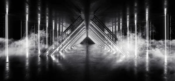 Fumo Sci Fi Triângulo Branco Néon Laser Túnel Feixe Construção — Fotografia de Stock