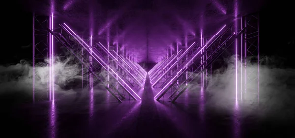Fumo Sci Fi Triângulo Purple Neon Laser Arch Beam Construção S — Fotografia de Stock