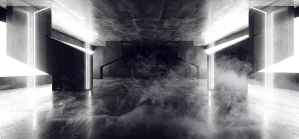 煙ネオン輝くパイロンレーザーラインアーチホワイトコンクリート地下 — ストック写真