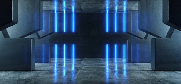 Neon gloeiende laser blauwe pylonen boog wit beton ondergrondse G — Stockfoto