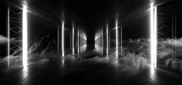 Fumo de néon brilhante branco laser mostrar palco túnel corredor Futuri — Fotografia de Stock