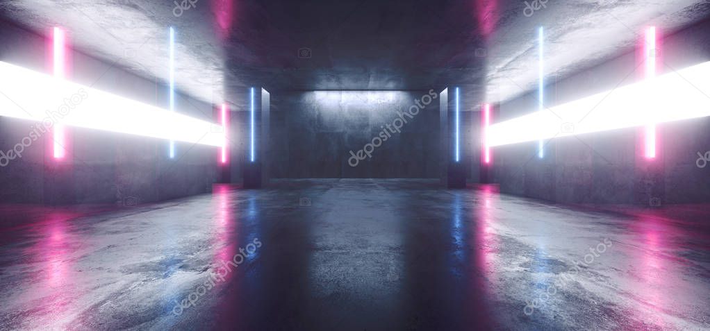 Neon Glowing Laser Blue Purple Lines Arch White Concrete Undergr
