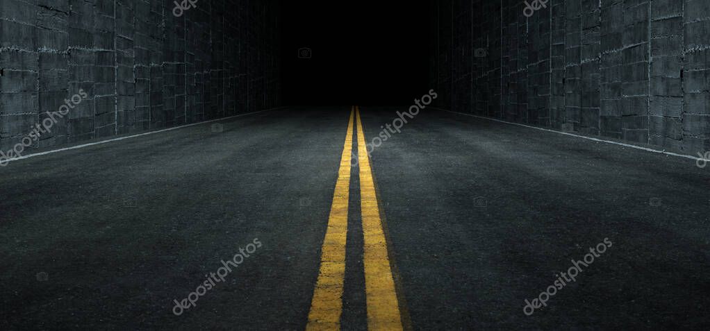Sci Fi Futuristic Asphalt Tunnel Corridor Garage Cement Road Double Lined Concrete Walls Underground Dark Night Car Show Neon Glowing Arc Stage Showroom 3D Rendering Illustration