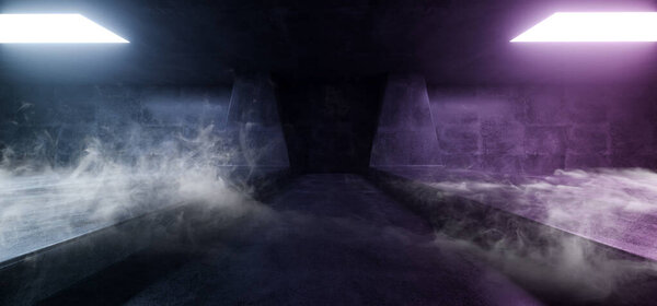 Cement Tunnel Concrete Sci Fi Smoke Fog Steam Tunnel Corridor Underground Garage With Purple Blue Light Dark Night Show Stage 3D Rendering Illustration