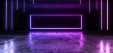 Neon Parlayan Bilim Kurgu Sanal Ağı Mor Dalgalı Mavi Dikdörtgen Çerçeve Parlayan Beton Grunge Yeraltı Mağazası Koridor Garajı Garaj Tüneli Uzay Gemisi 3D Resim Çizimi